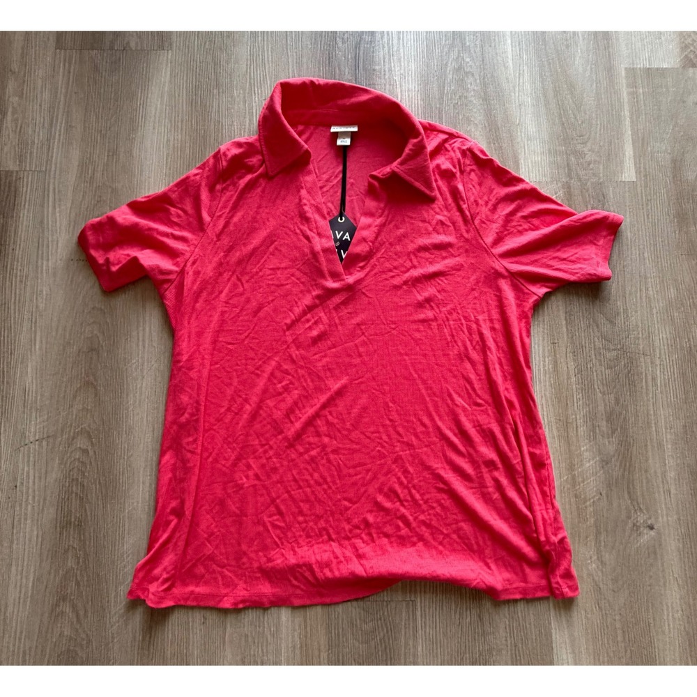 Ava & Viv Womens Pink Ribbed V-Neck Polo Shirt Short Sleeve Plus Size 1X NEW